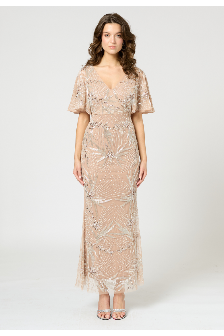 Embellished Sequin Beaded Maxi Dress With Cape Sleeve, Main, color, TAUPE BLUSH