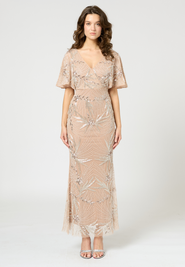 BEAUUT Embellished Sequin Beaded Maxi Dress With Cape Sleeve