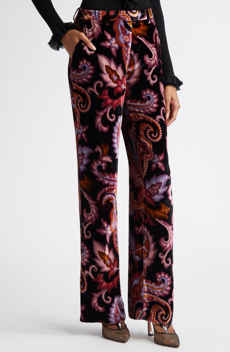 Etro Paisley Print Velvet Straight Leg Pants, Alternate, color, Printed Black Base