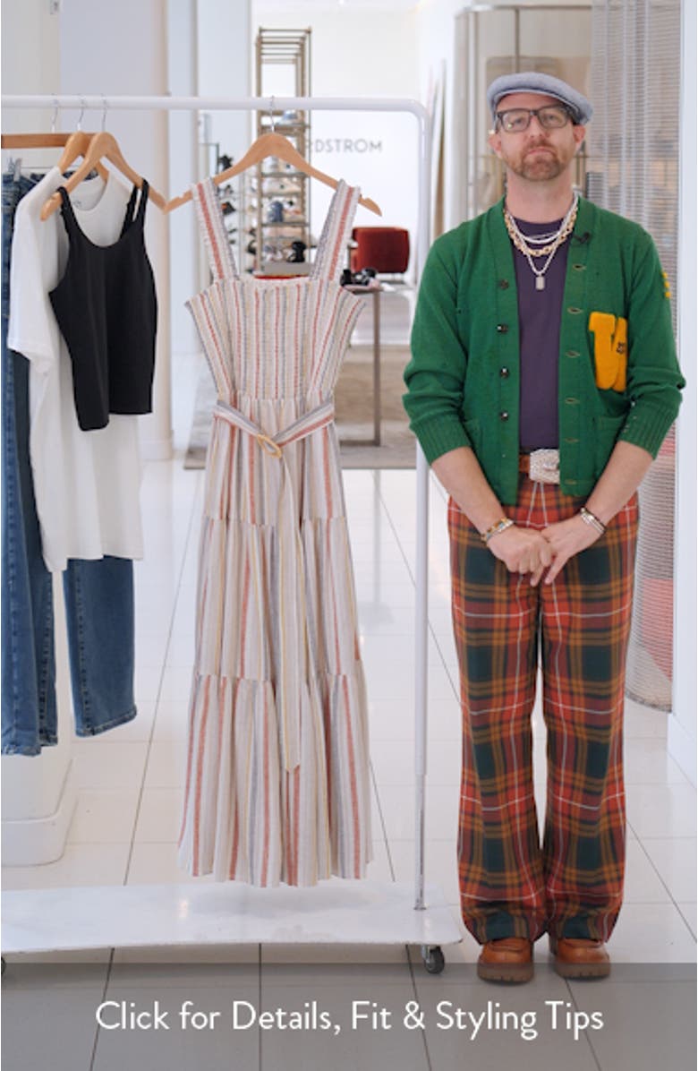 Smocked Bodice Belted Tiered Midi Sundress, sales video thumbnail