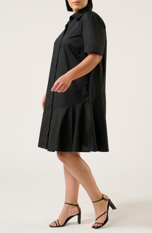 Estelle Obsidian Short Sleeve Polished Cotton Shirtdress In Black