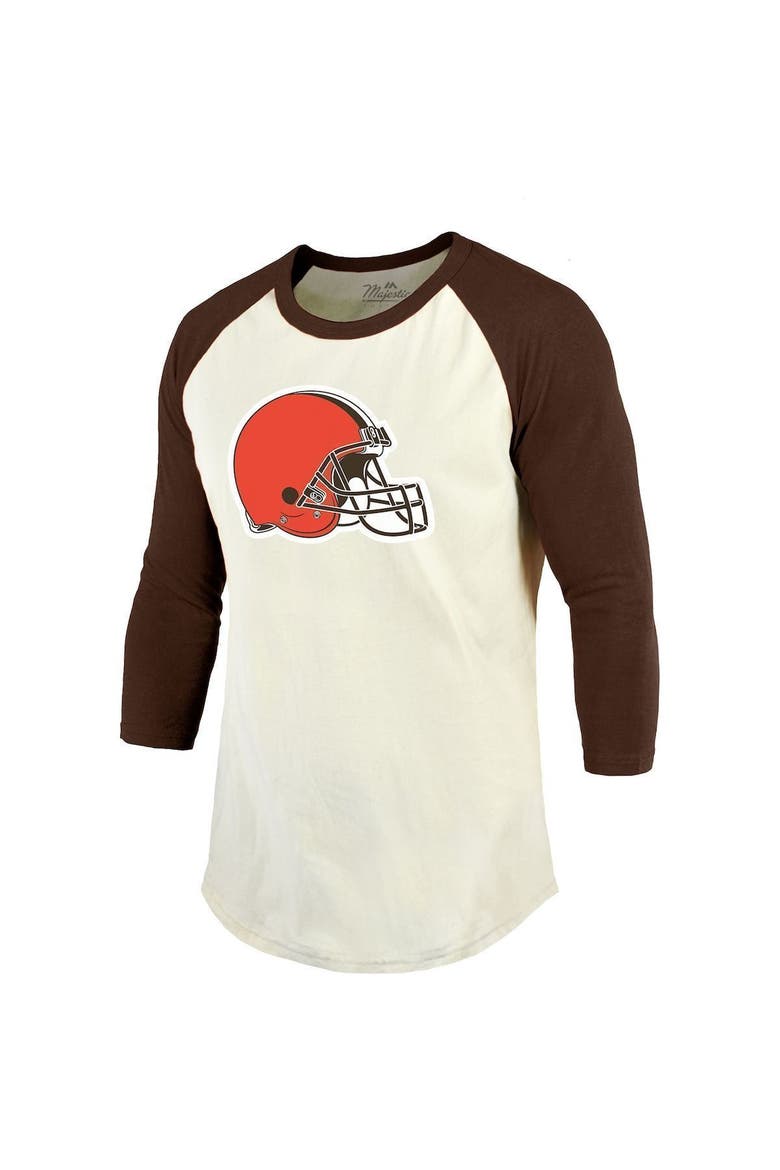 Men's Majestic Threads Nick Chubb Cream/Brown Cleveland Browns Vintage Player Name & Number 3/4-Sleeve Fitted T-Shirt, Alternate, color, Cream