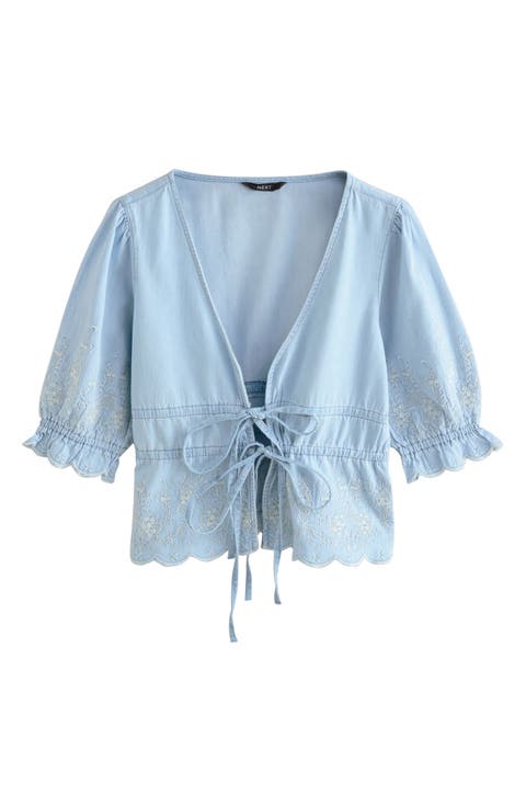 Embroidered Puff Sleeve Tie Front Denim Top