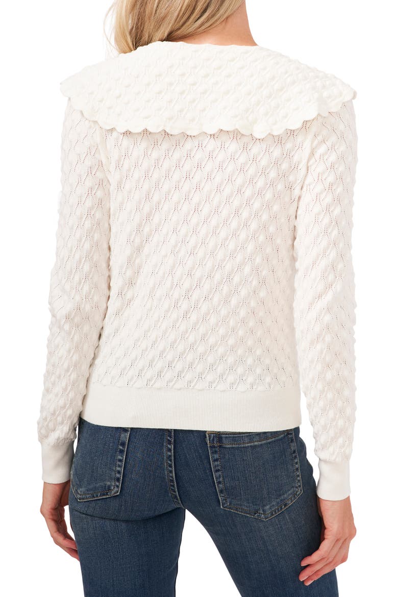 Pointelle Knit Collared Sweater with Velvet Bow, Alternate, color, ANTIQUE WHITE