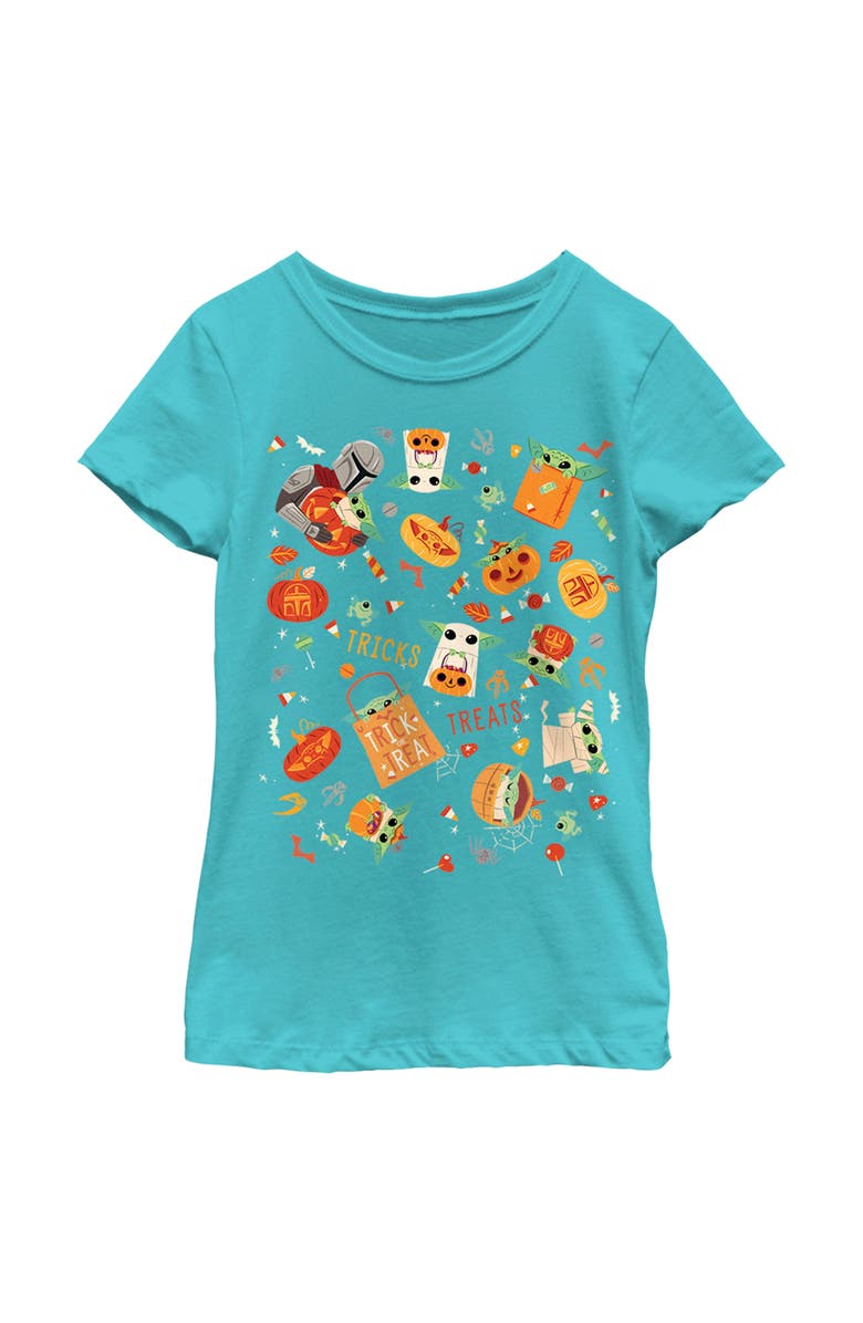 Star Wars: The Mandalorian Girl's Star Wars The Mandalorian Halloween Candy Collage Graphic T-Shirt, Main, color, Tahiti Blue