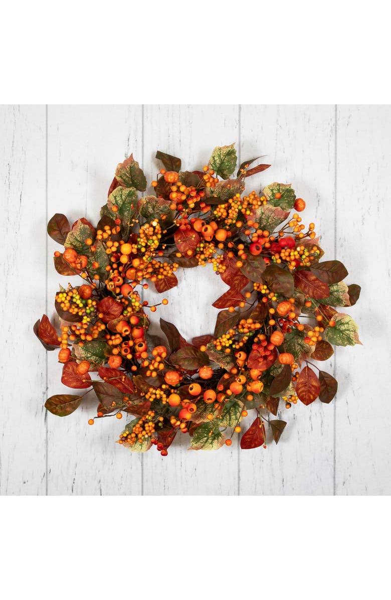 Northlight Mini Gourds and Berries Artificial Fall Harvest Wreath - 24" - Orange and Green - Unlit, Alternate, color,