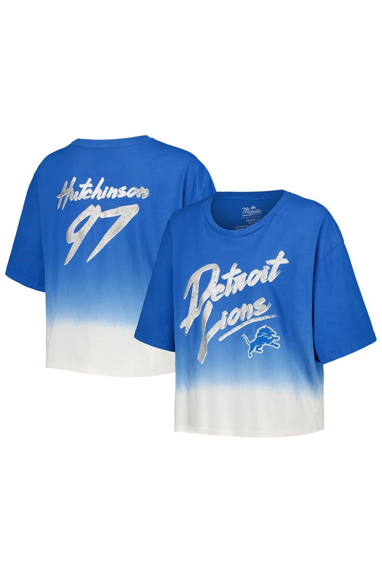 Women's Majestic Threads Aidan Hutchinson Blue/White Detroit Lions Dip-Dye Player Name & Number Crop Top, Main, color, Blue