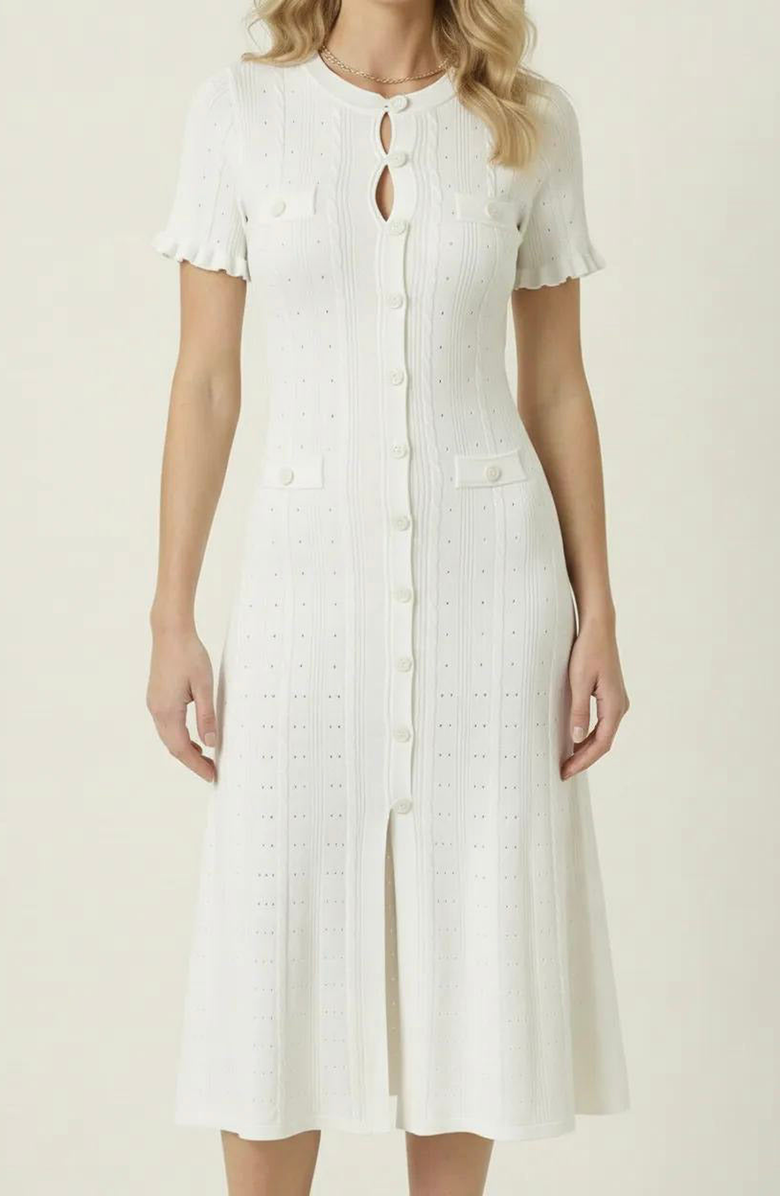Modenaire Button Front Knit Short Sleeve Midi Dress, Alternate, color, White