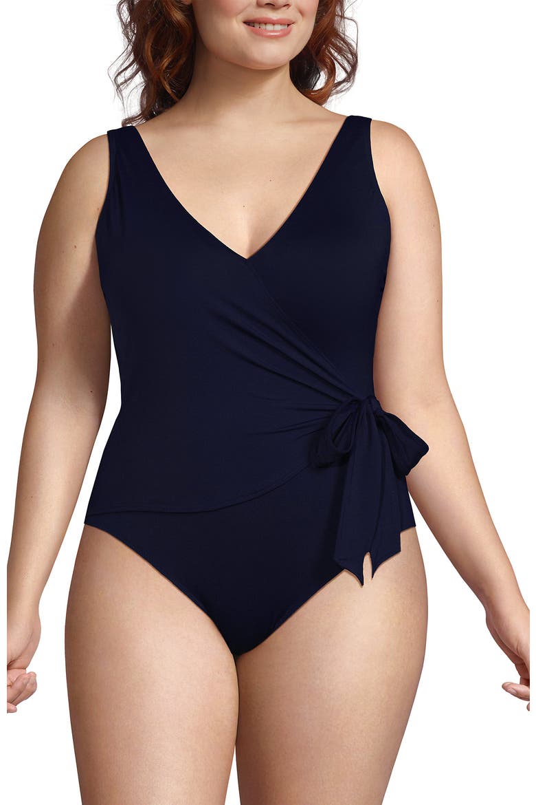 Plus Size Side Tie Wrap One Piece Swimsuit, Main, color, Deep Sea Navy