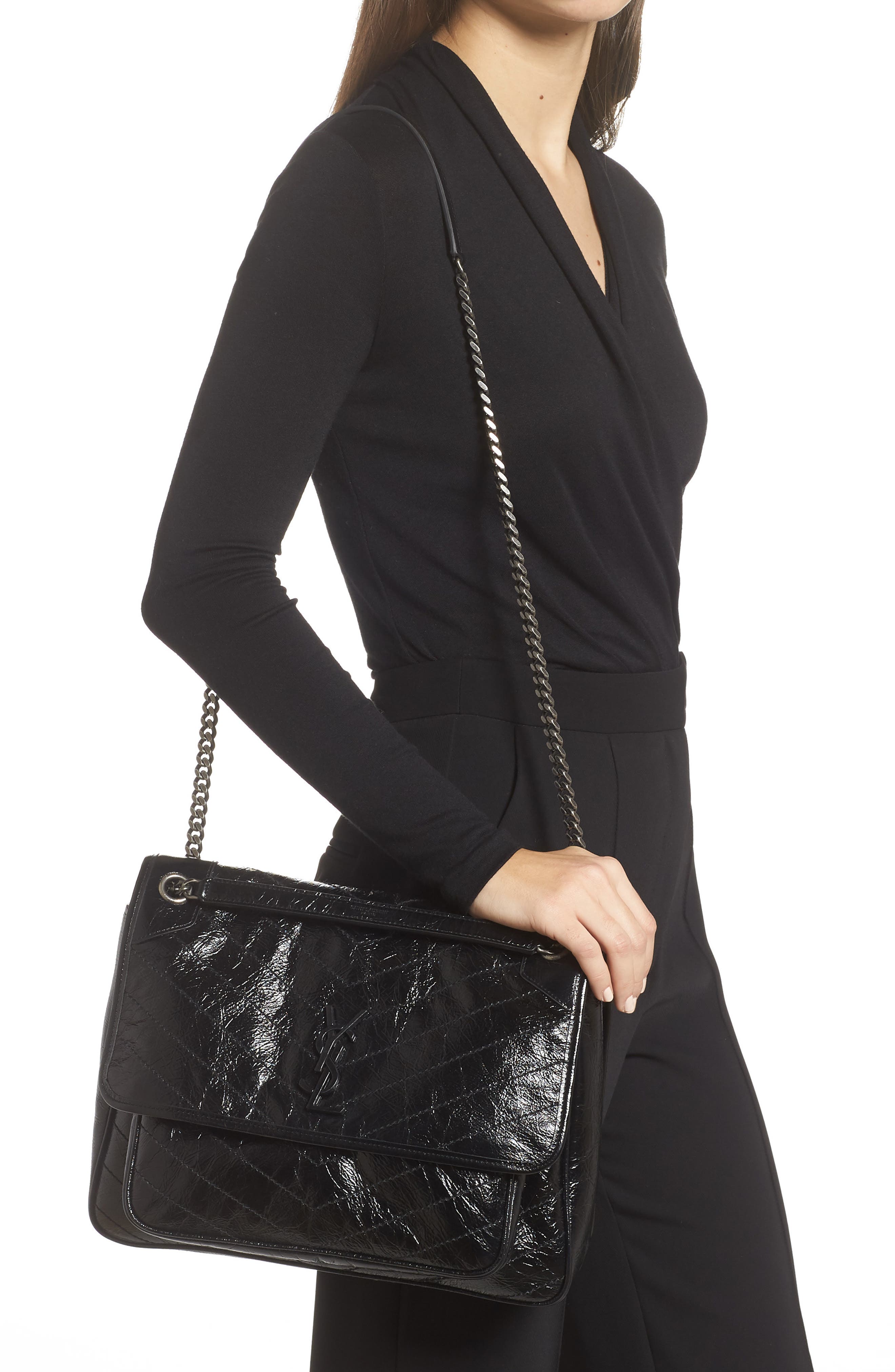 Saint Laurent Large Niki Crinkled Matelassé Leather Shoulder Bag, Alternate, color, 