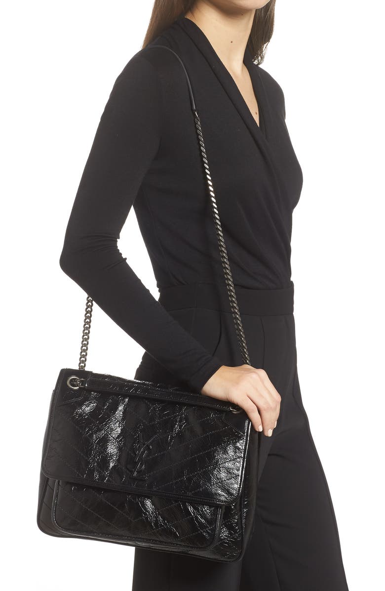 Saint Laurent Large Niki Crinkled Matelassé Leather Shoulder Bag, Alternate, color,