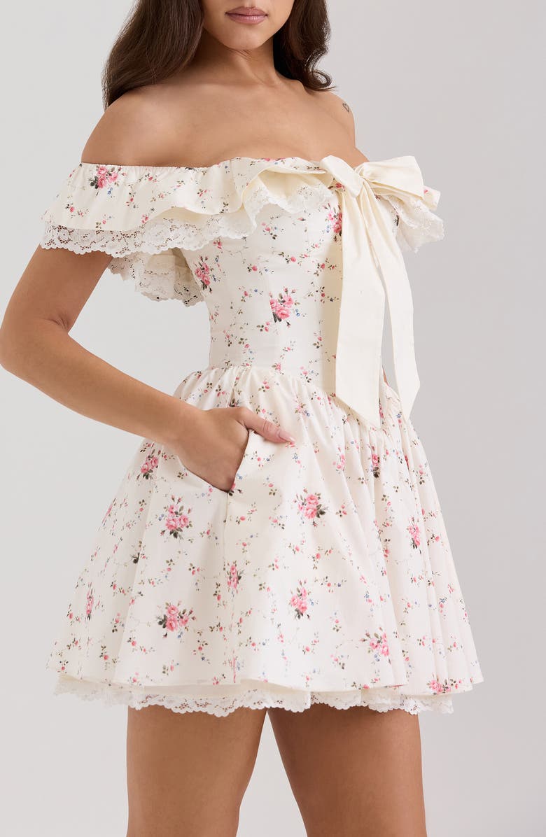HOUSE OF CB Jaide Off the Shoulder Minidress, Alternate, color, Ivory/ Floral Blue Pink