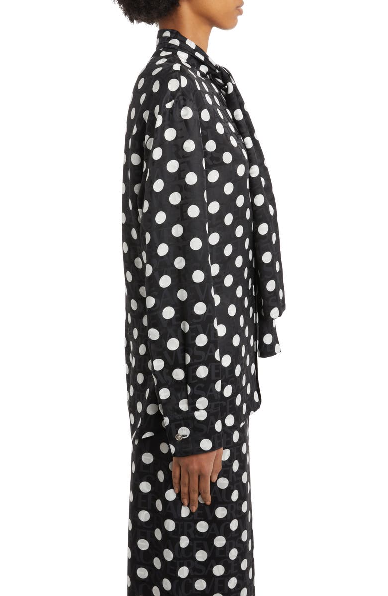 Versace Polka Dot Logo Jacquard Tie Neck Blouse, Alternate, color, 