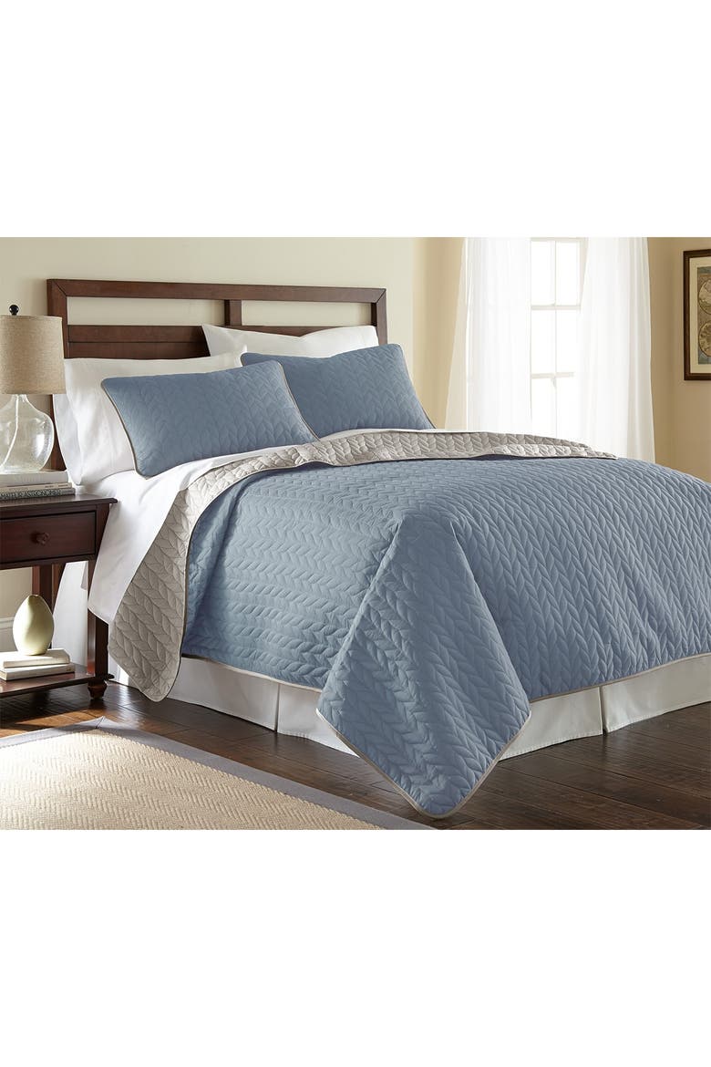 3-Piece Queen Solid Reversible Coverlet Set - Denim/Silver, Main, color, DENIM/SILVER