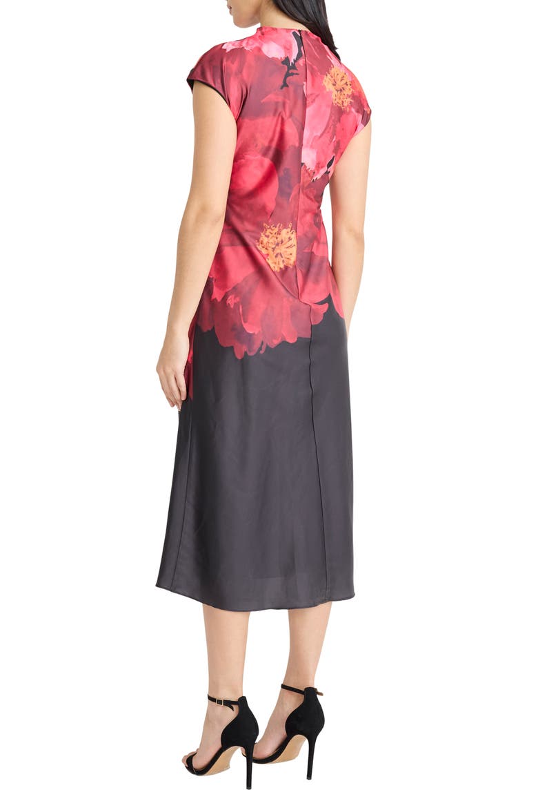 Pleated Floral Print Cap Sleeve Satin Midi Dress, Alternate, color, BLACK/ FLAME