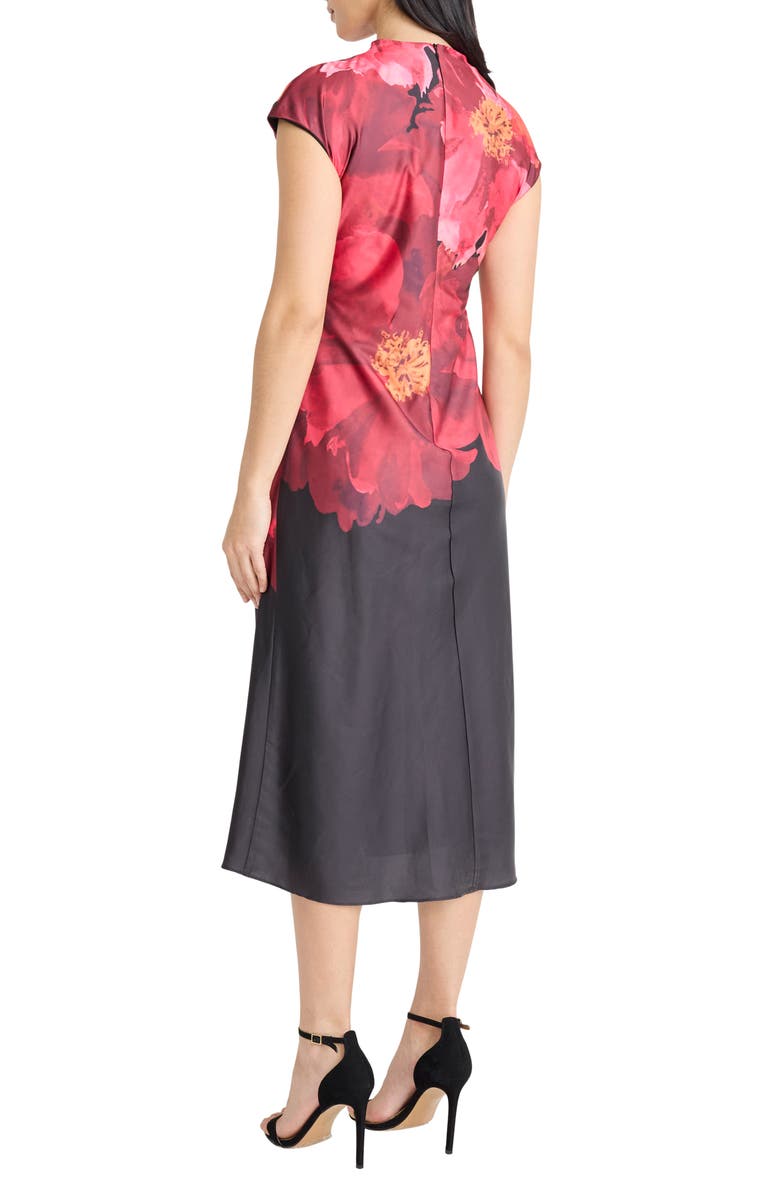 Maggy London Pleated Floral Print Cap Sleeve Satin Midi Dress, Alternate, color, Black/ Flame