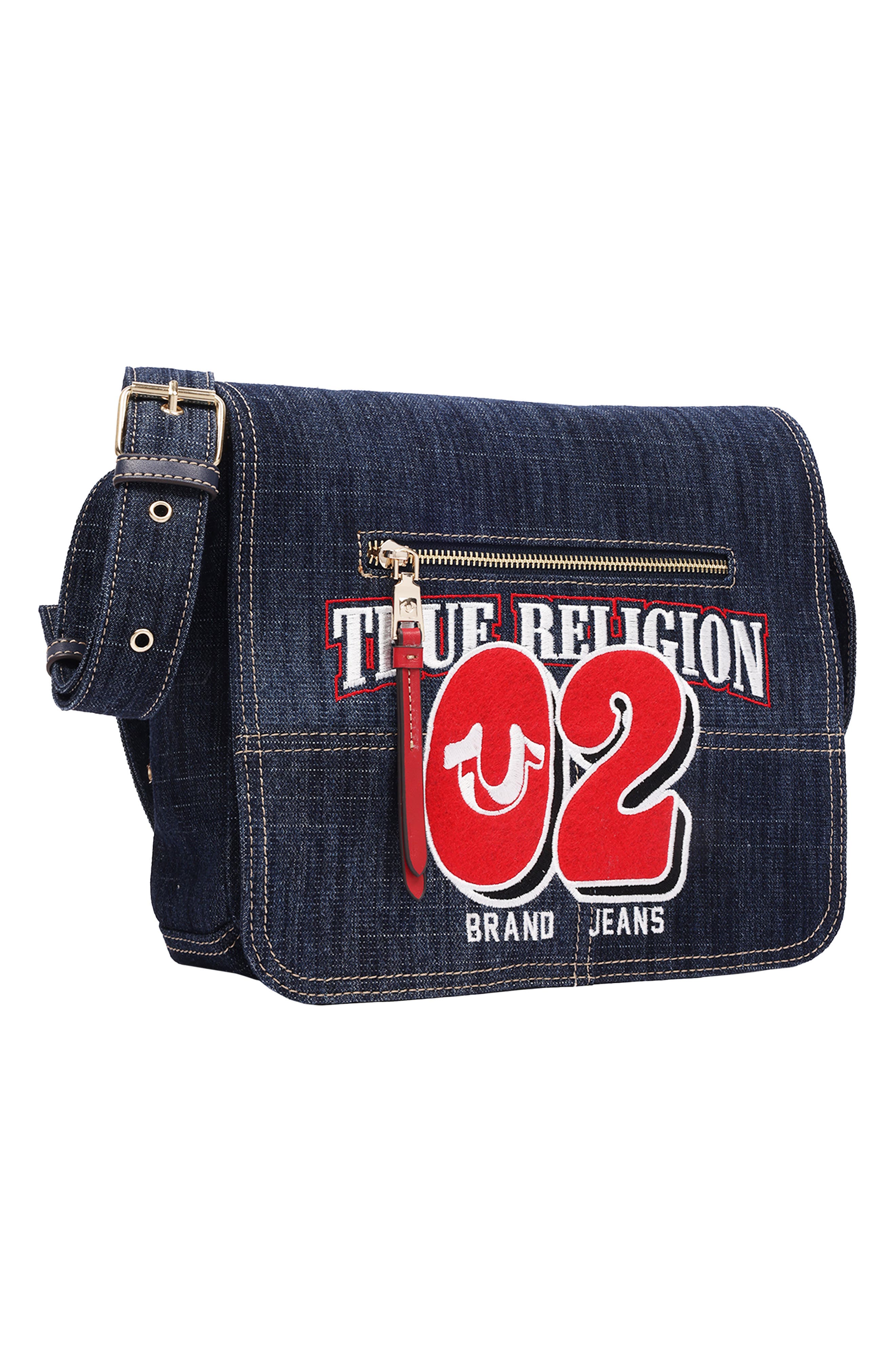 Varsity Logo Denim Messenger Bag, Alternate, color, DARK DENIM