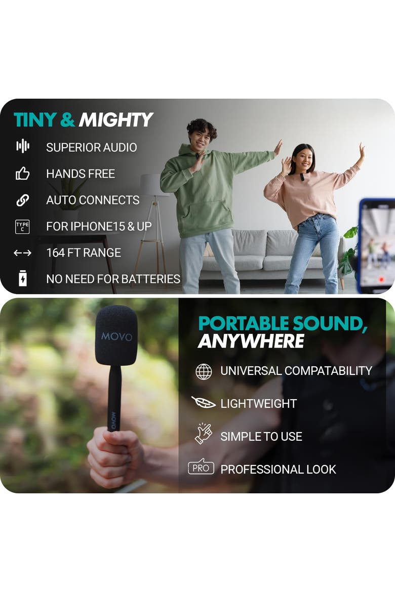 Wireless Mini UC Duo Dual Ultra Compact Wireless Lavalier Microphones for iPhone 15 and up with Handheld Adapter, Alternate, color, Black