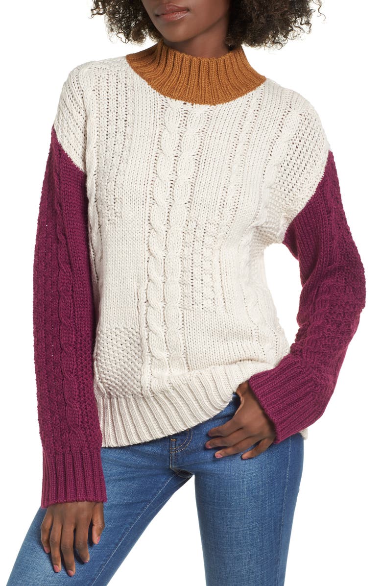 BP. Colorblock Cable Knit Pullover, Main, color, 