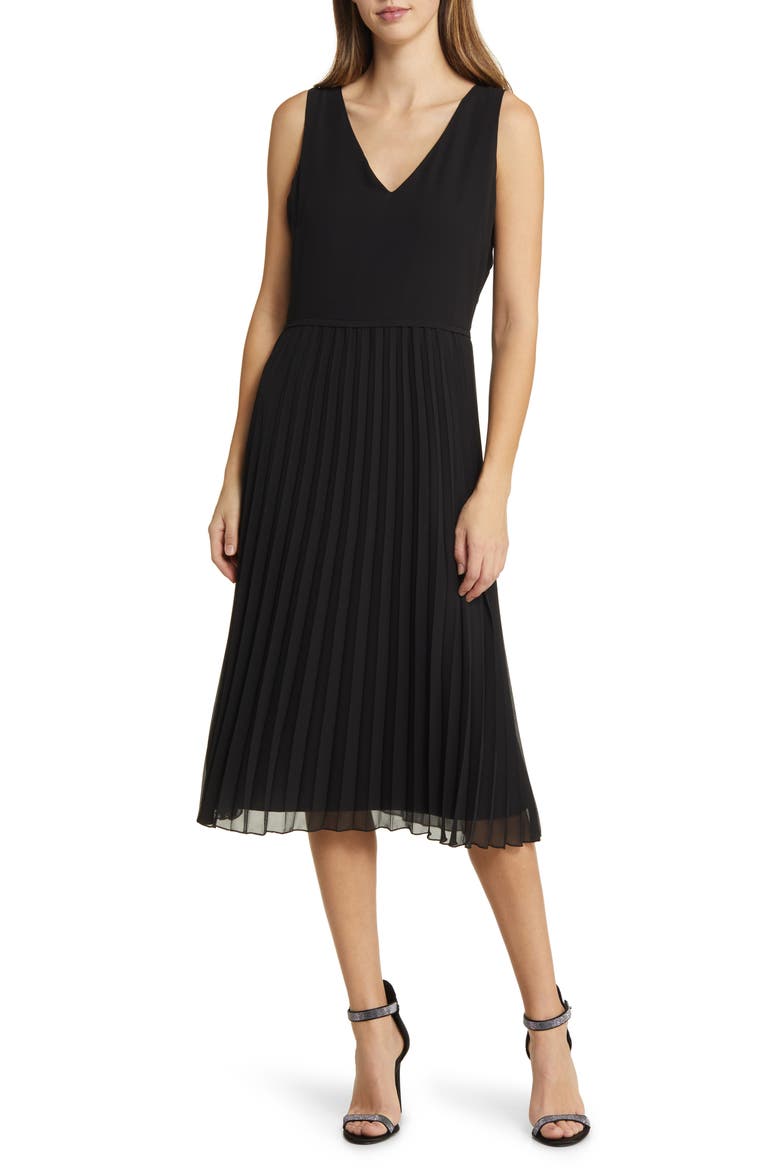 V-Neck Accordion Pleat Dress, Main, color, BLACK