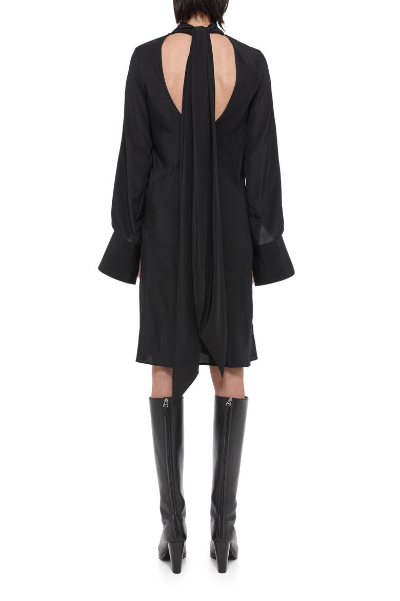 Scarf Neck Long Sleeve Silk Dress, Alternate, color, BLK