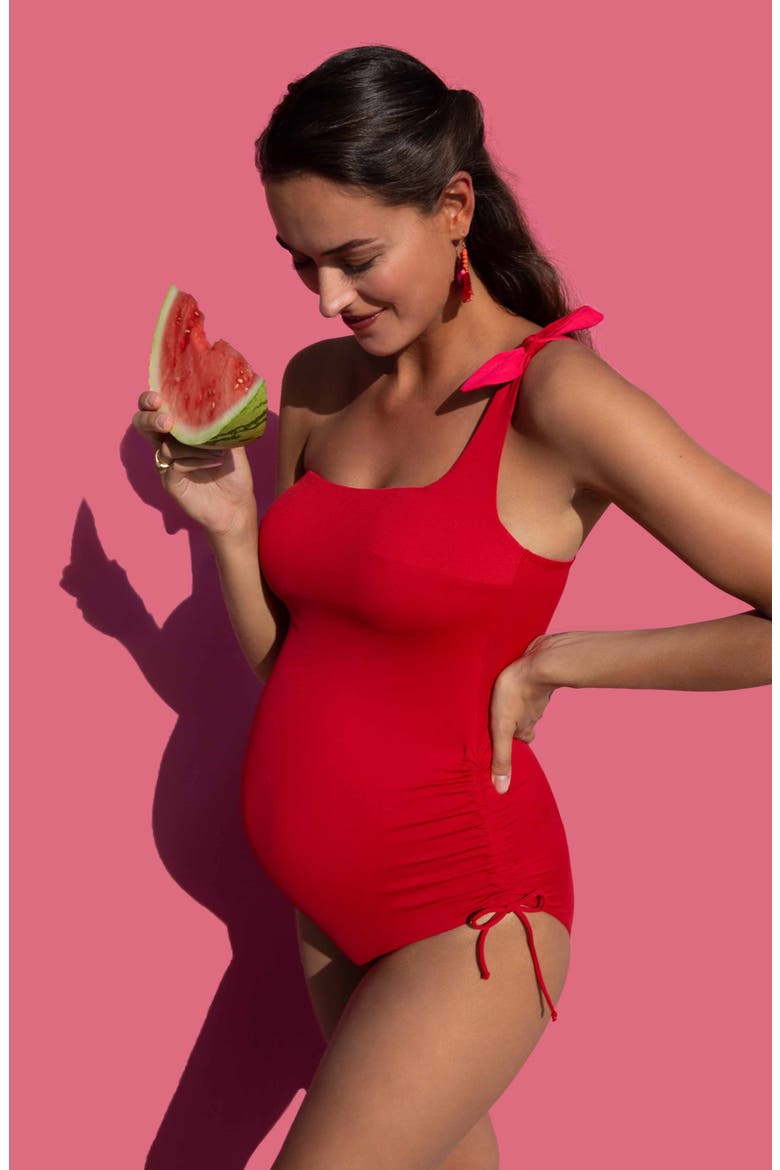 Dolce One-Shoulder One-Piece Maternity Swimsuit, Alternate, color, RED