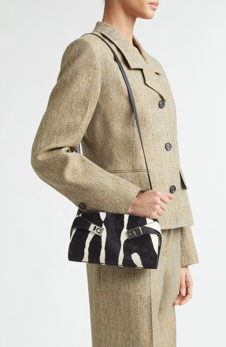 FERRAGAMO Hug Genuine Calf Hair East/West Crossbody Bag, Alternate, color, Kasba Bianco/ Nero