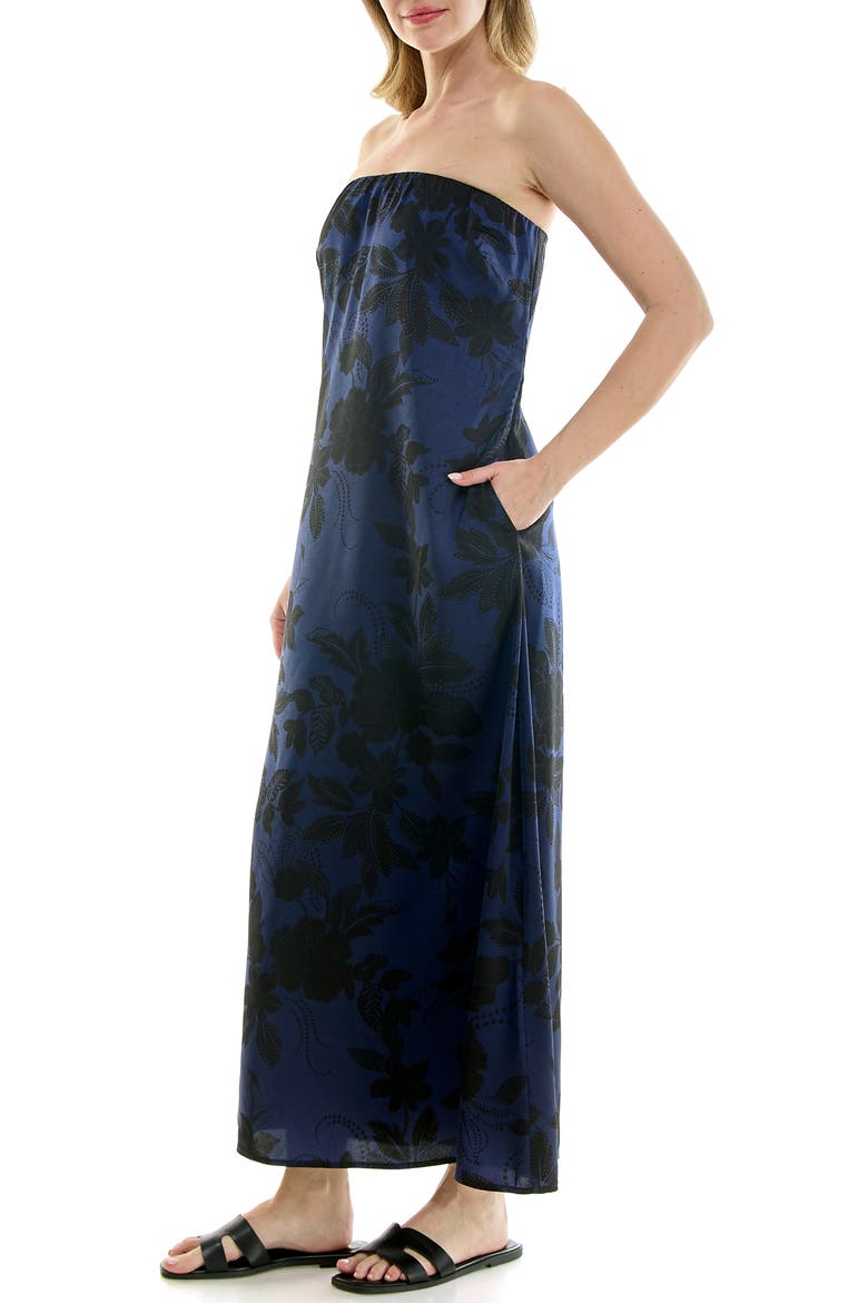 Strapless Print Satin Maxi Dress, Alternate, color, WESTERN FLORAL NAVY