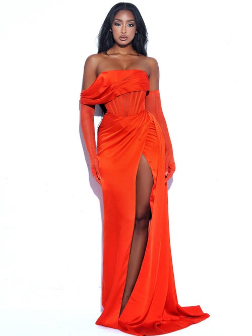 Miss Circle Rebecca High Slit Corset Evening Gown In Orange