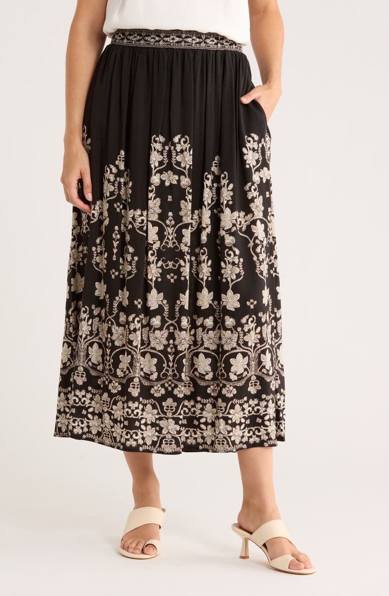 MAX STUDIO Floral Midi Skirt, Main, color, Black/ Cream Nordic Elegance