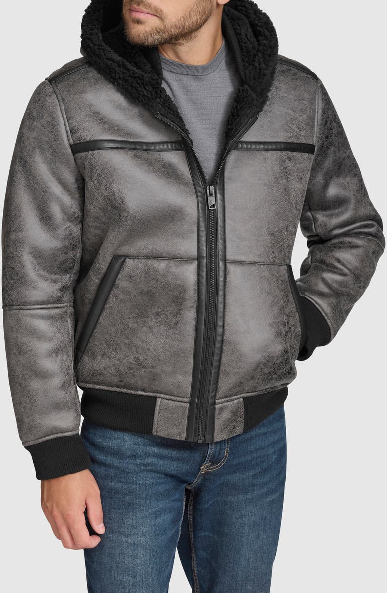 Andrew Marc Crackle Faux Shearling Lined Faux Leather Jacket, Main, color, 