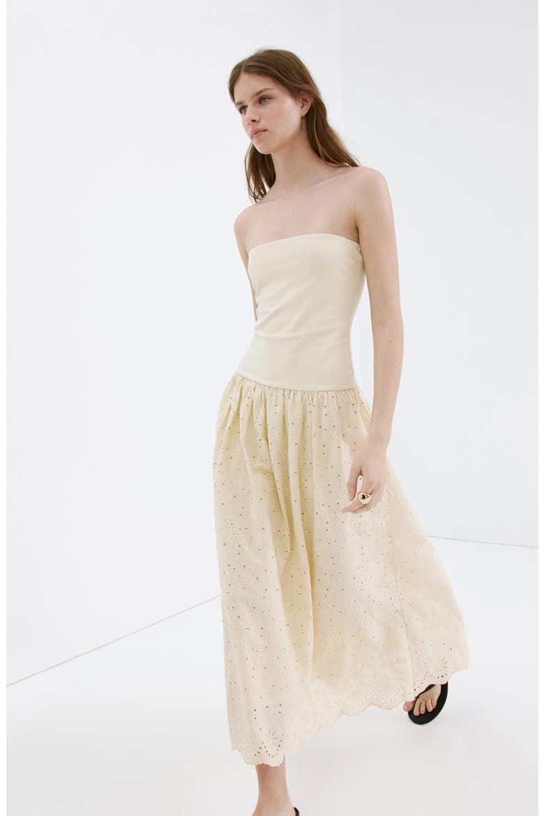 Embroidered Eyelet Strapless Maxi Dress, Alternate, color, SAND