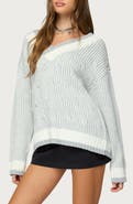 EDIKTED Lila Oversize Stripe Trim V-Neck Cable Sweater