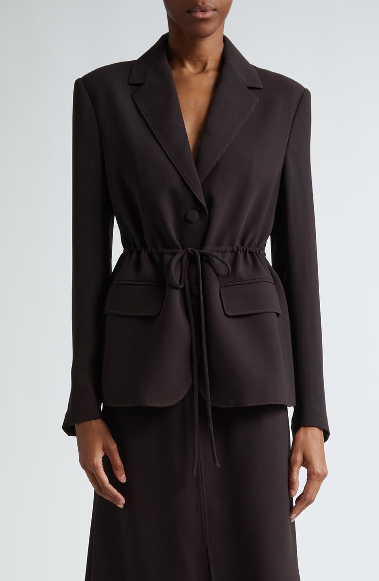 ST. JOHN Fluid Satin Back Crepe Drawstring Blazer, Main, color, Mocha