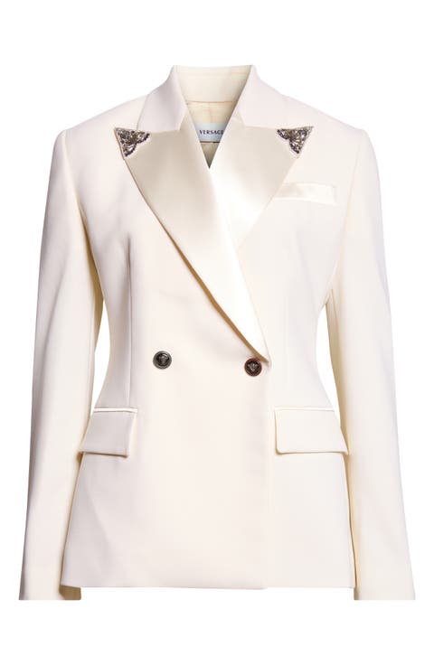 Embellished Satin Trim Stretch Wool Evening Jacket
