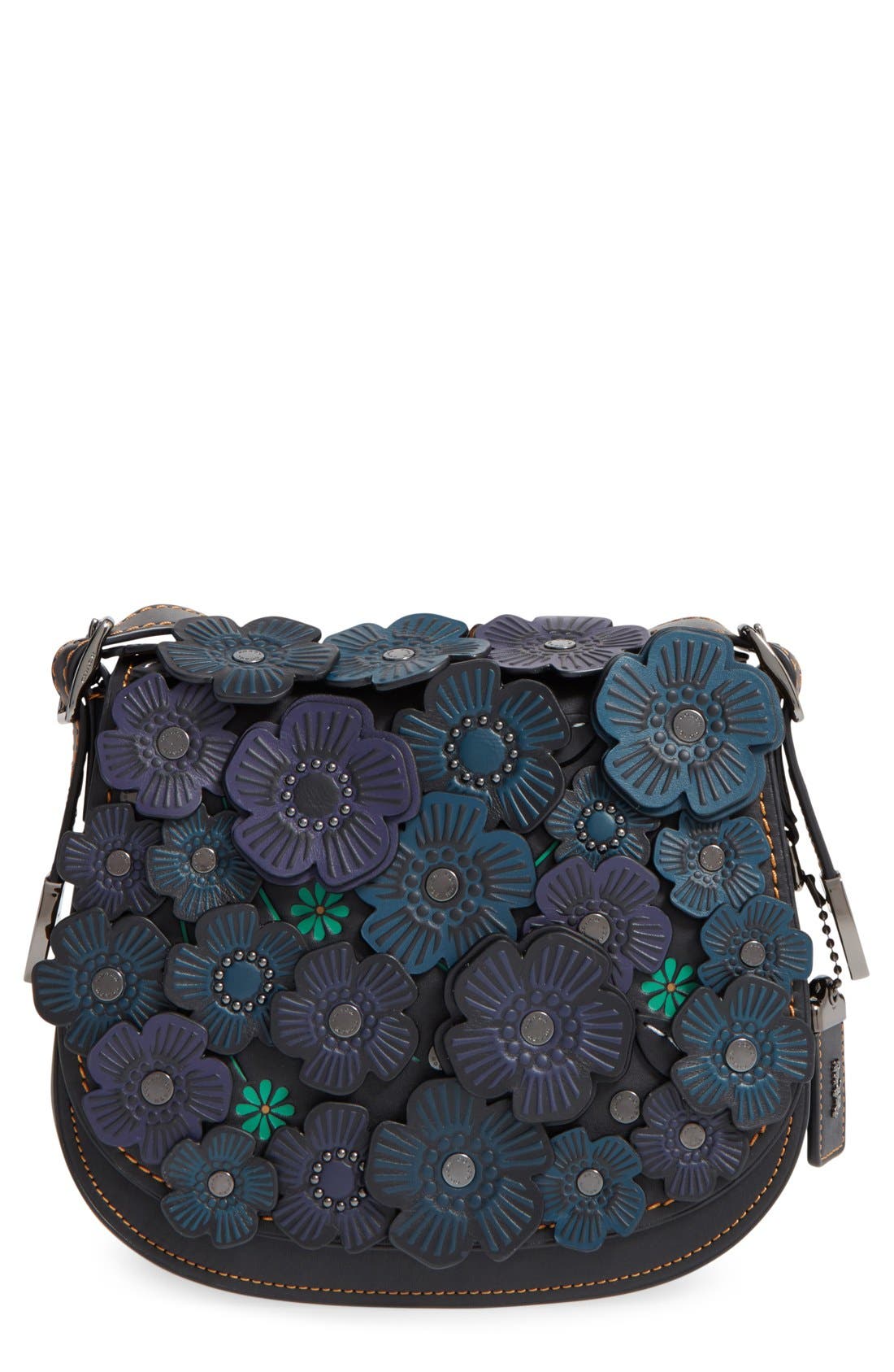 COACH 1941 '23' Flower Appliqué Leather Saddle Bag, Main, color, 