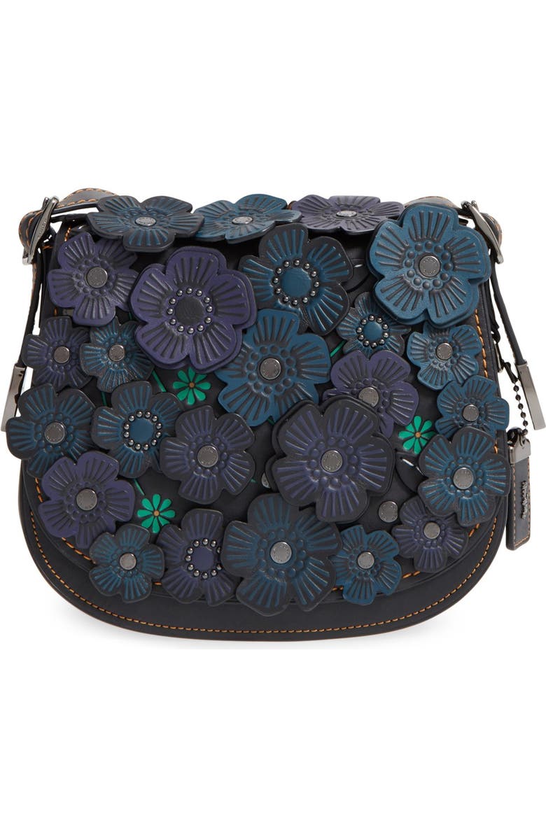 COACH 1941 '23' Flower Appliqué Leather Saddle Bag, Main, color,
