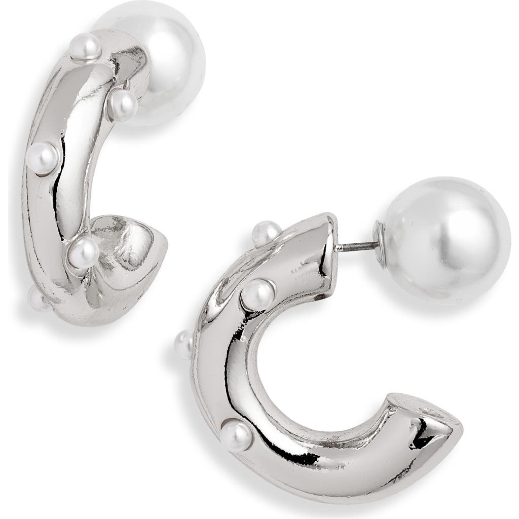 Open Edit Scattered Imitation Pearl Hoop Earrings In White- Rhodium
