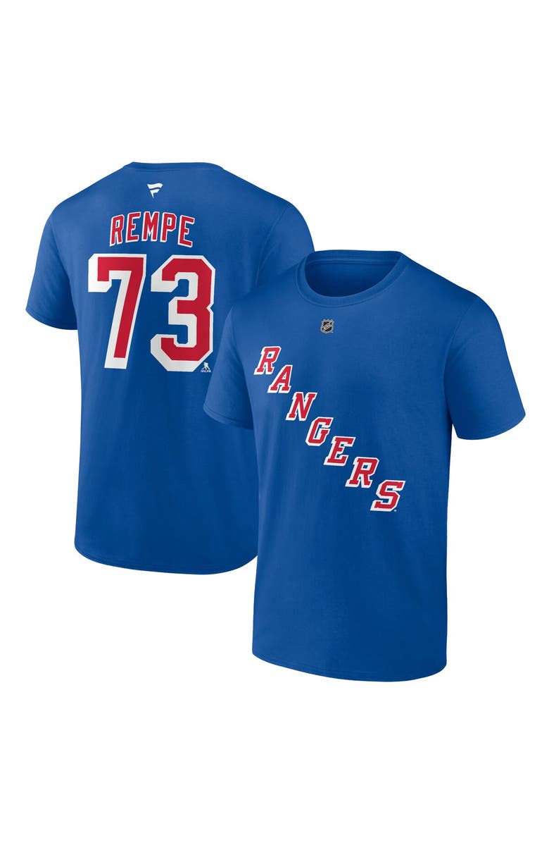 FANATICS Men's Fanatics Matt Rempe Blue New York Rangers Authentic Stack Name & Number T-Shirt, Main, color, Blue
