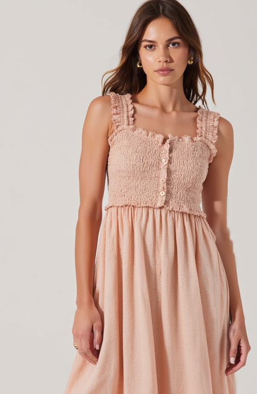 Modenaire Smocked Midi Dress With Ruffle Straps And Button-front Detail In Peach