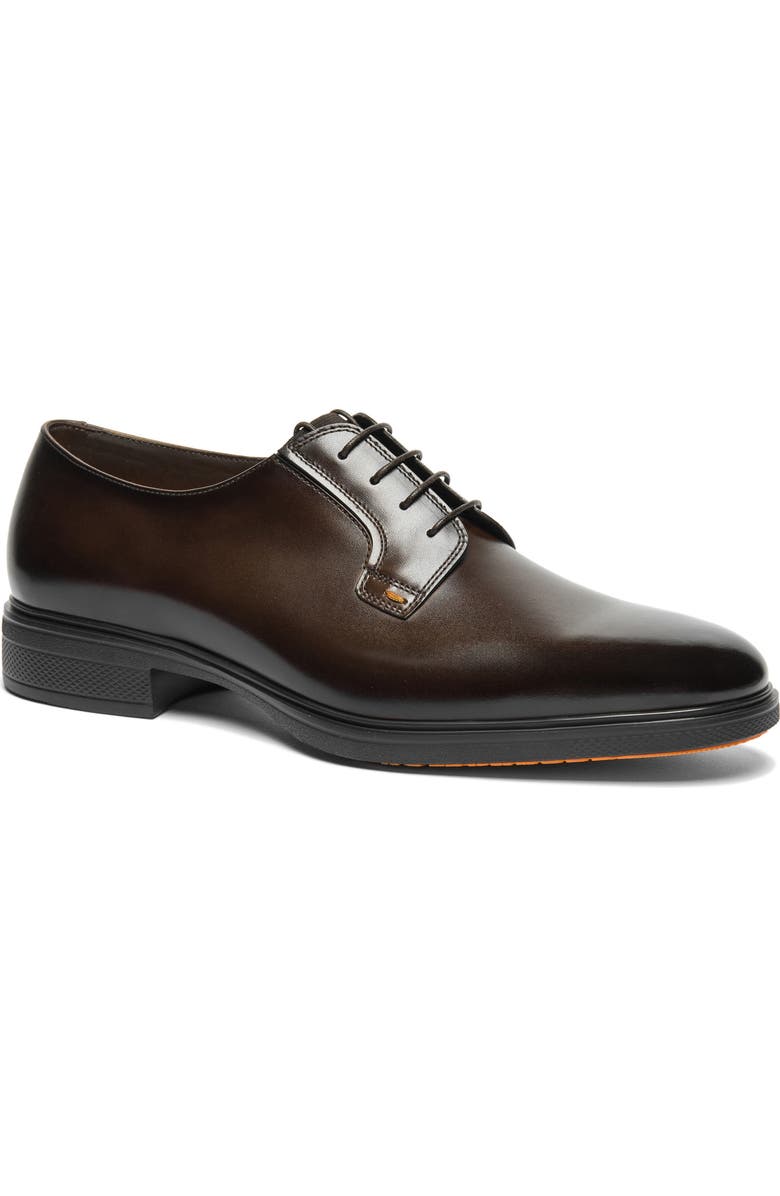 Santoni Plain Toe Leather Derby, Main, color, Dark Brown