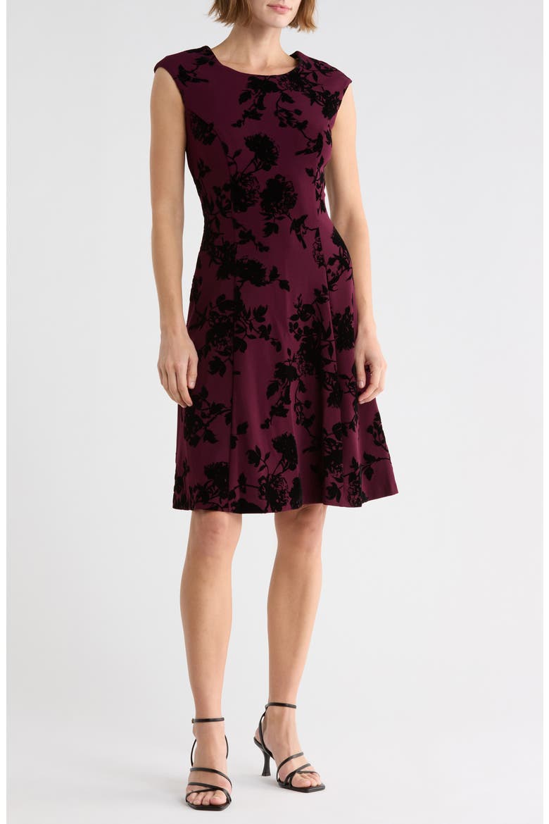 Flocked Crepe A-Line Dress, Main, color, BORDEAUX