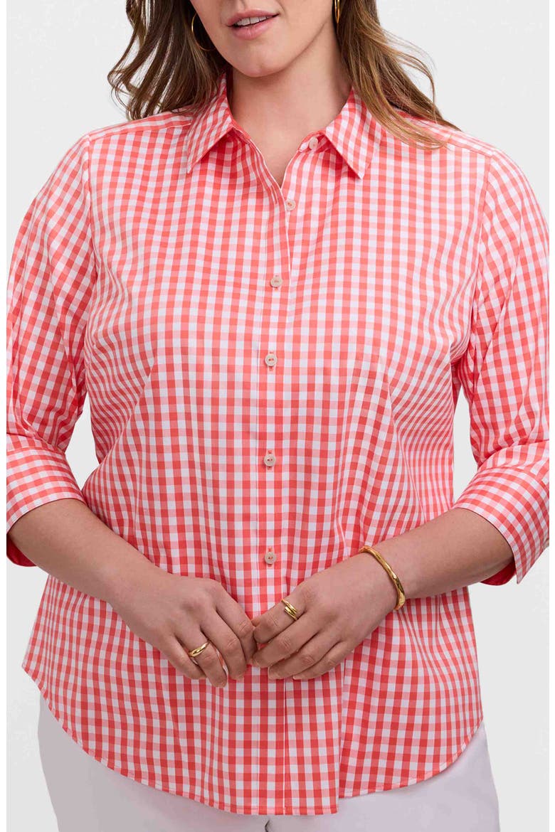 Margie Gingham Three-Quarter Sleeve Button-Up Shirt, Main, color, PEACHY ORANGE/ WHITE