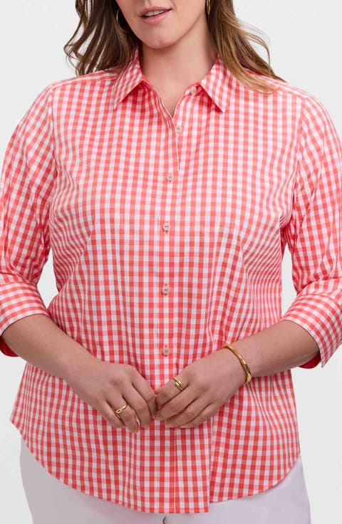 Margie Gingham Three-Quarter Sleeve Button-Up Shirt (Plus)