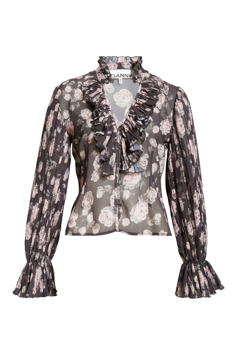 Floral Print V-Neck Shirt, Alternate, color, PHANTOM