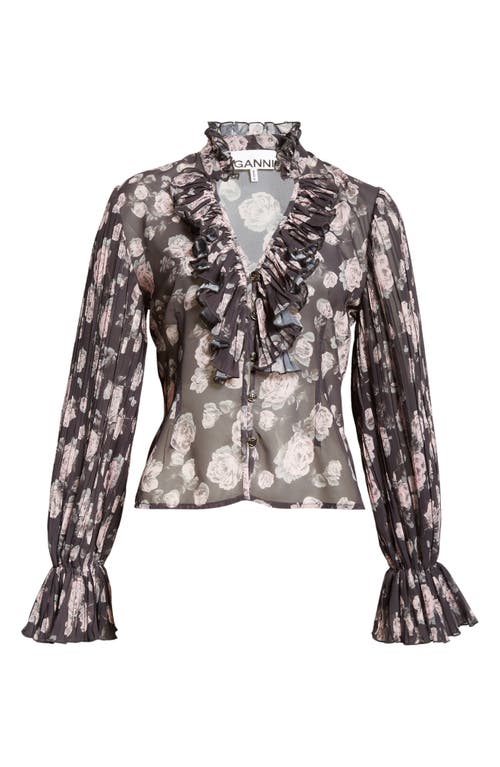 Ganni Floral Print V-neck Shirt In Phantom
