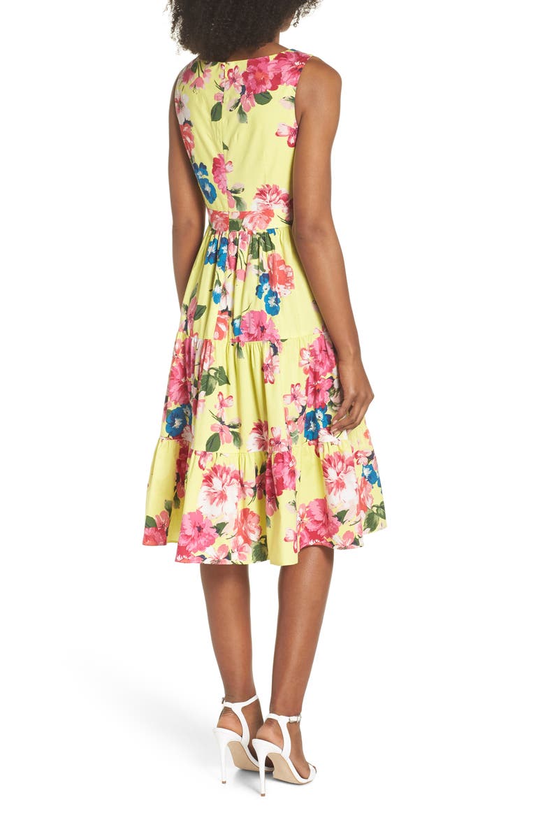 Square Neck Floral Tiered Fit & Flare Midi Dress, Alternate, color, YELLOW/ PINK