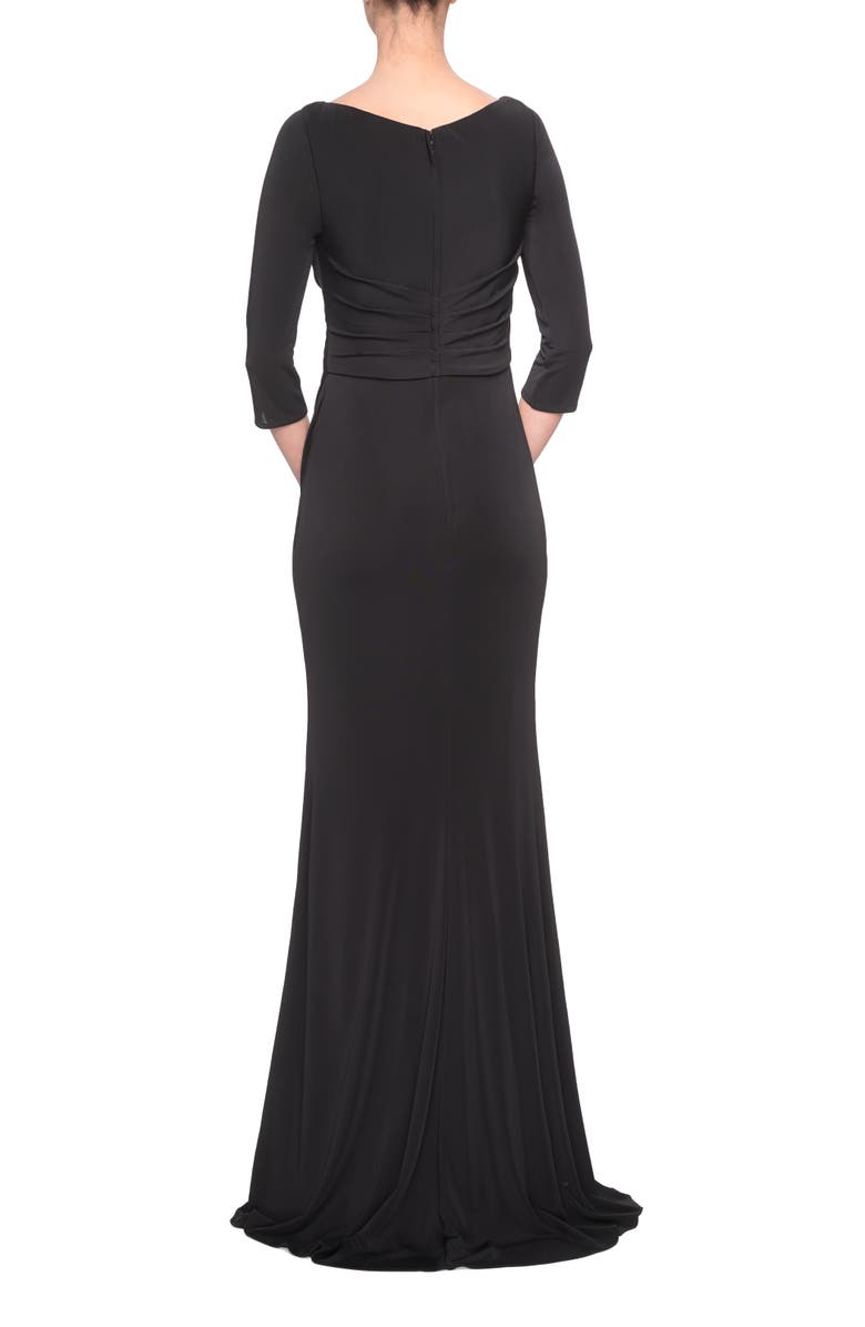 La Femme 3/4 Sleeve Long Jersey Dress with Sweetheart Neckline, Alternate, color, Black
