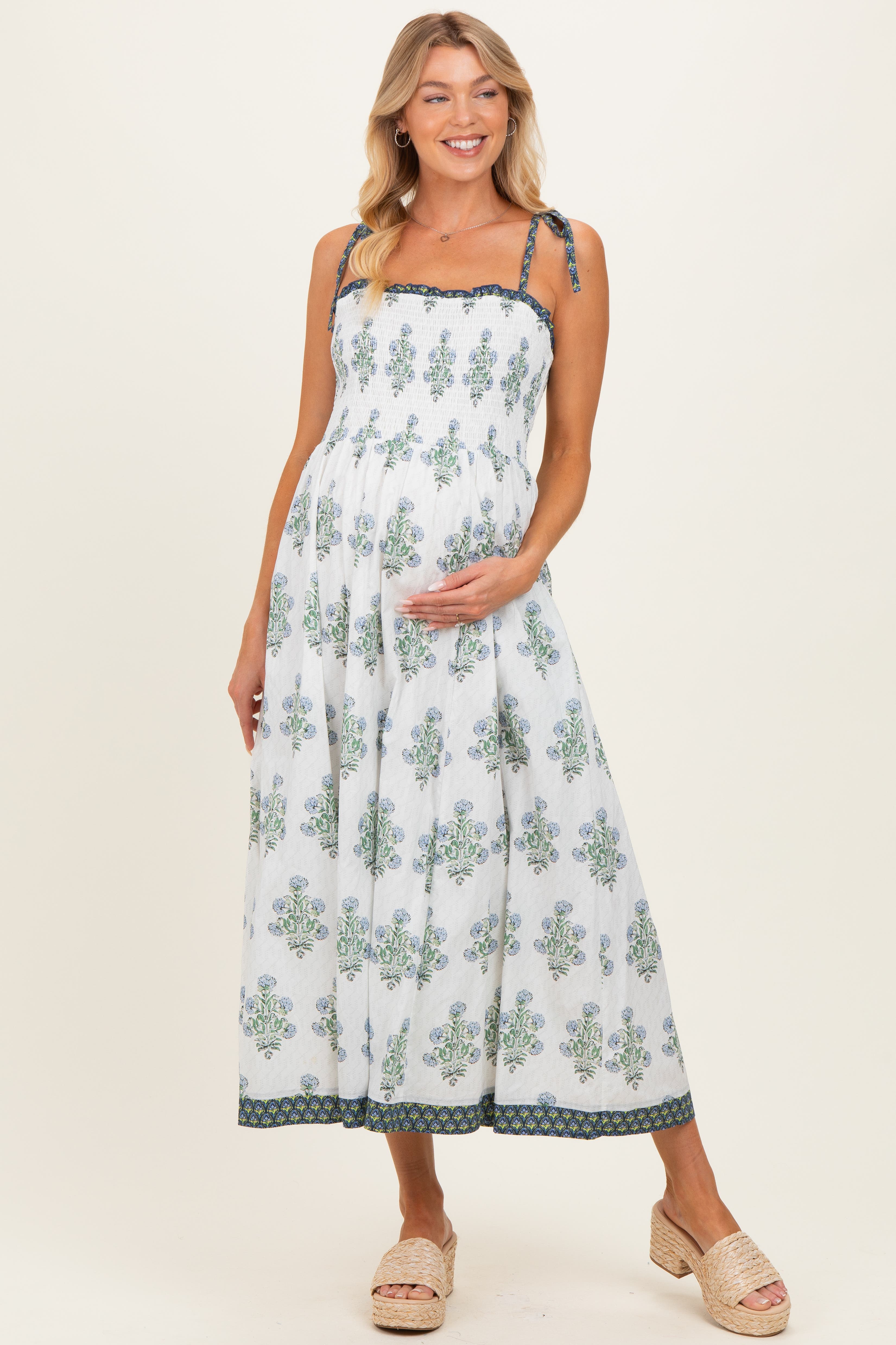 White Floral Smocked Shoulder Tie Maxi Dress - image 2