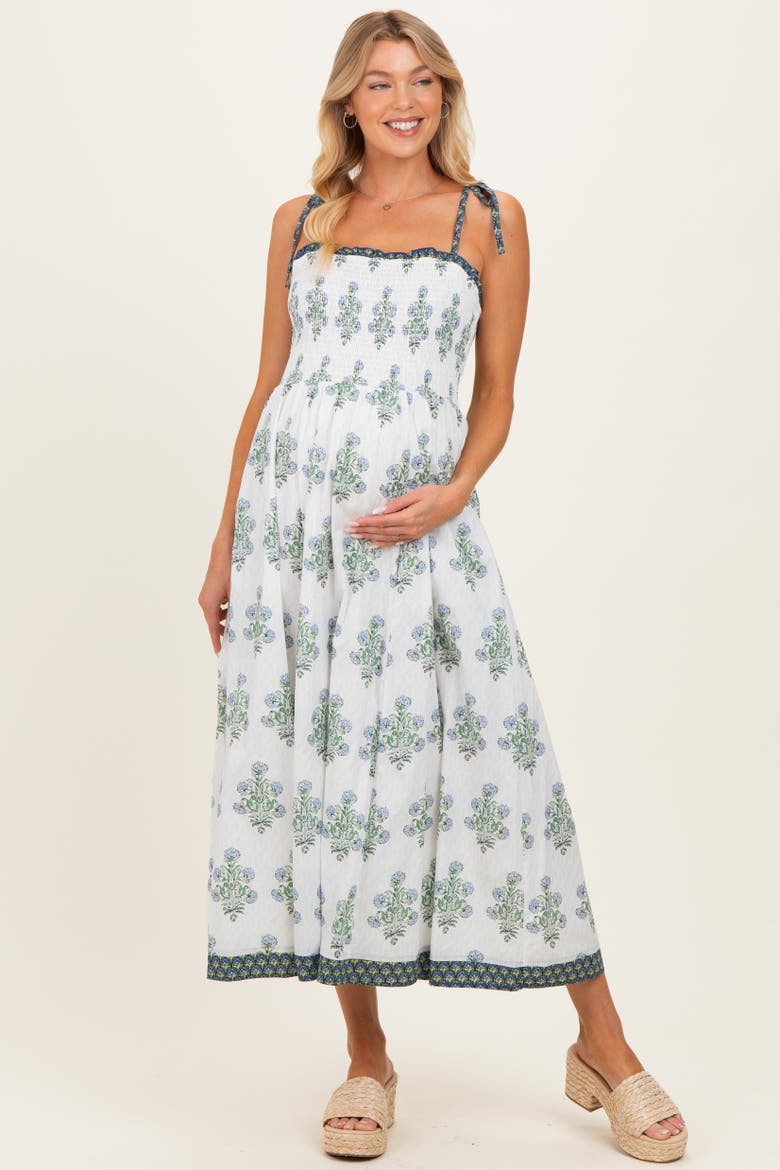 White Floral Smocked Shoulder Tie Maxi Dress, Alternate, color, White